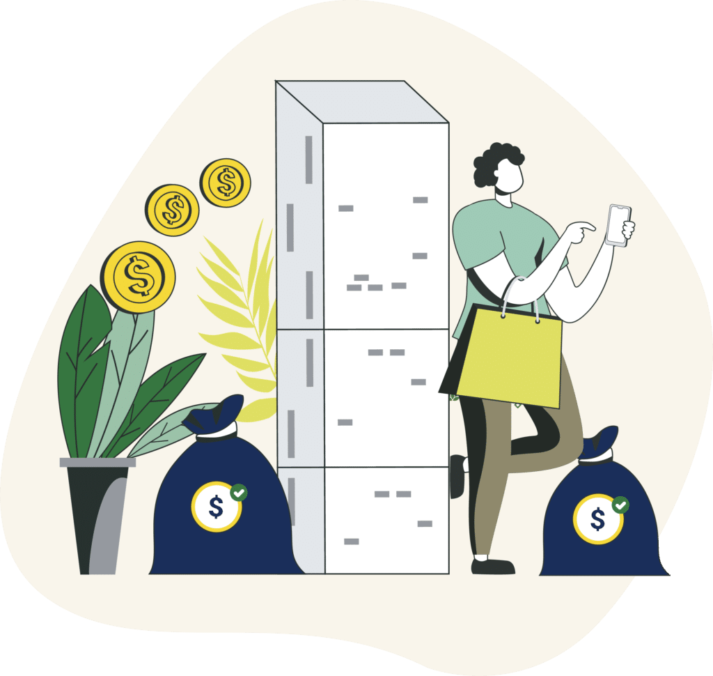 Ilustración de persona utilizando el celular para administrar sus finanzas